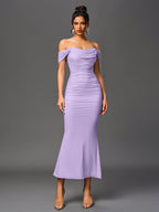Robe longue moulante à épaules dénudées – Fronces et ourlet sirène | Robe de soirée extensible