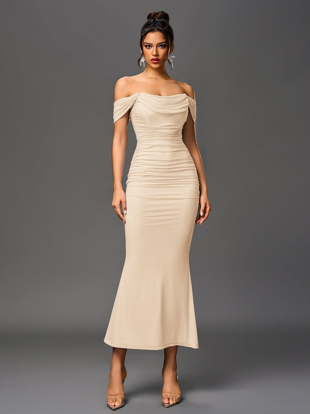 Robe longue moulante à épaules dénudées – Fronces et ourlet sirène | Robe de soirée extensible