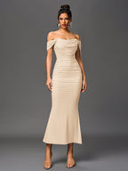 Robe longue moulante à épaules dénudées – Fronces et ourlet sirène | Robe de soirée extensible