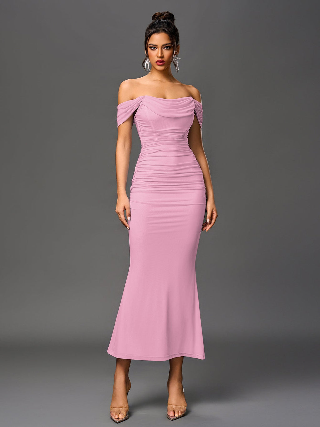 Robe longue moulante à épaules dénudées – Fronces et ourlet sirène | Robe de soirée extensible