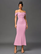 Robe longue moulante à épaules dénudées – Fronces et ourlet sirène | Robe de soirée extensible
