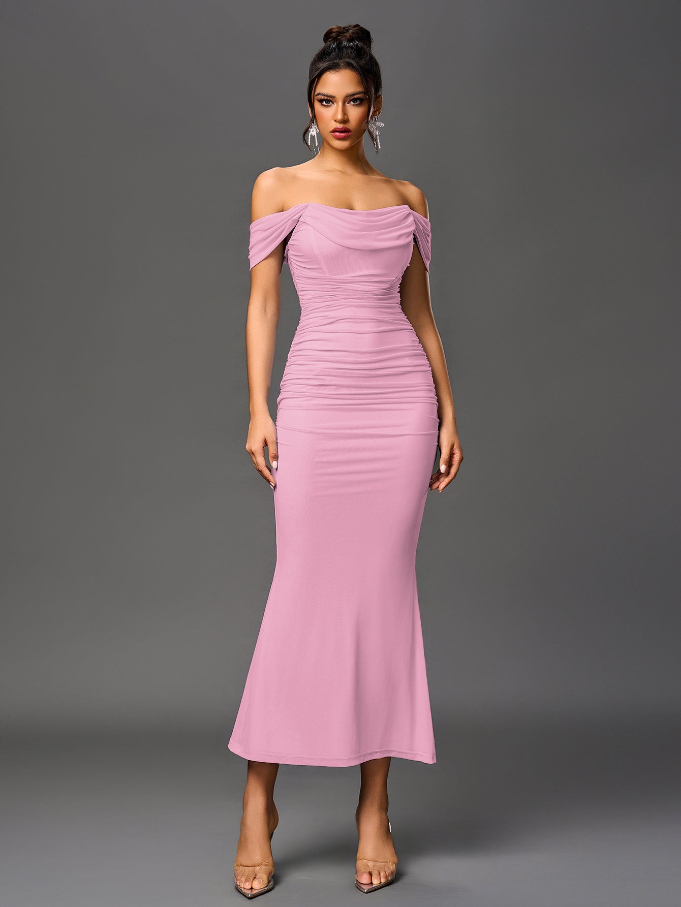 Robe longue moulante à épaules dénudées – Fronces et ourlet sirène | Robe de soirée extensible
