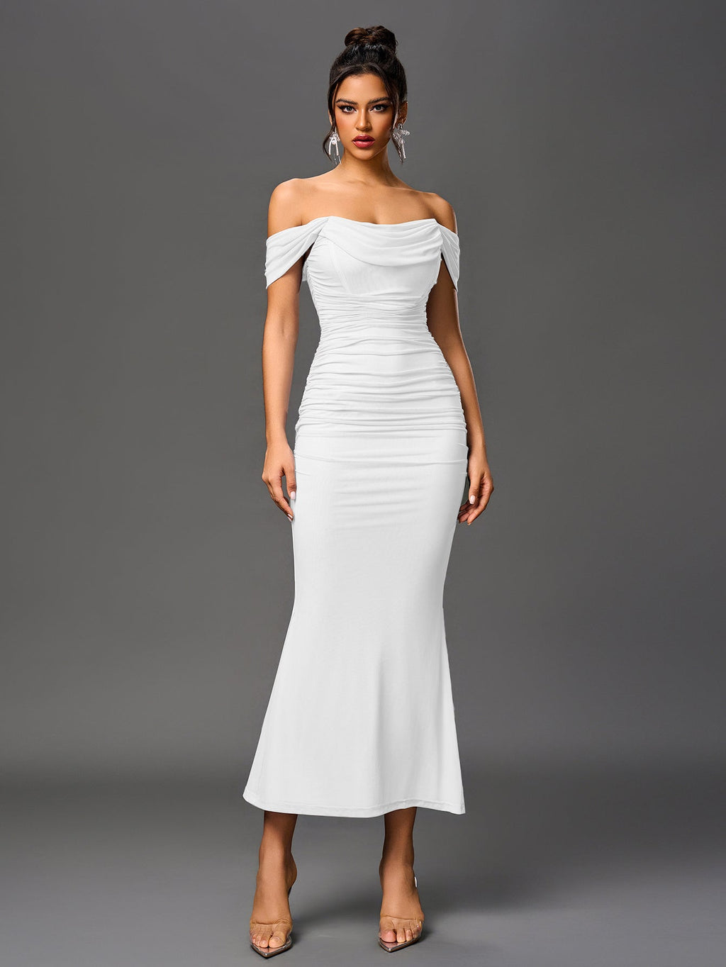 Robe longue moulante à épaules dénudées – Fronces et ourlet sirène | Robe de soirée extensible