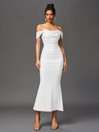 Robe longue moulante à épaules dénudées – Fronces et ourlet sirène | Robe de soirée extensible