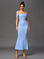 Robe longue moulante à épaules dénudées – Fronces et ourlet sirène | Robe de soirée extensible