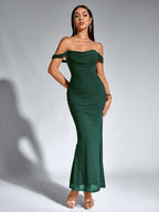 Robe longue moulante à épaules dénudées – Fronces et ourlet sirène | Robe de soirée extensible