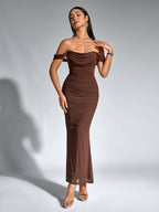 Robe longue moulante à épaules dénudées – Fronces et ourlet sirène | Robe de soirée extensible