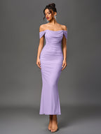 Robe longue moulante à épaules dénudées – Fronces et ourlet sirène | Robe de soirée extensible