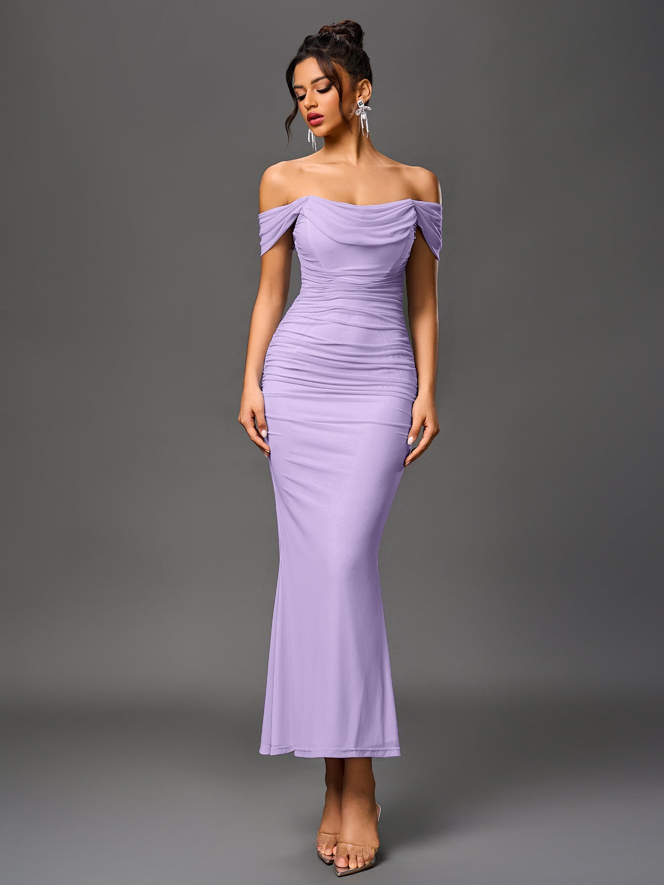 Robe longue moulante à épaules dénudées – Fronces et ourlet sirène | Robe de soirée extensible