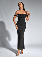 Robe longue moulante à épaules dénudées – Fronces et ourlet sirène | Robe de soirée extensible