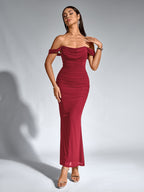 Robe longue moulante à épaules dénudées – Fronces et ourlet sirène | Robe de soirée extensible