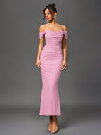 Robe longue moulante à épaules dénudées – Fronces et ourlet sirène | Robe de soirée extensible