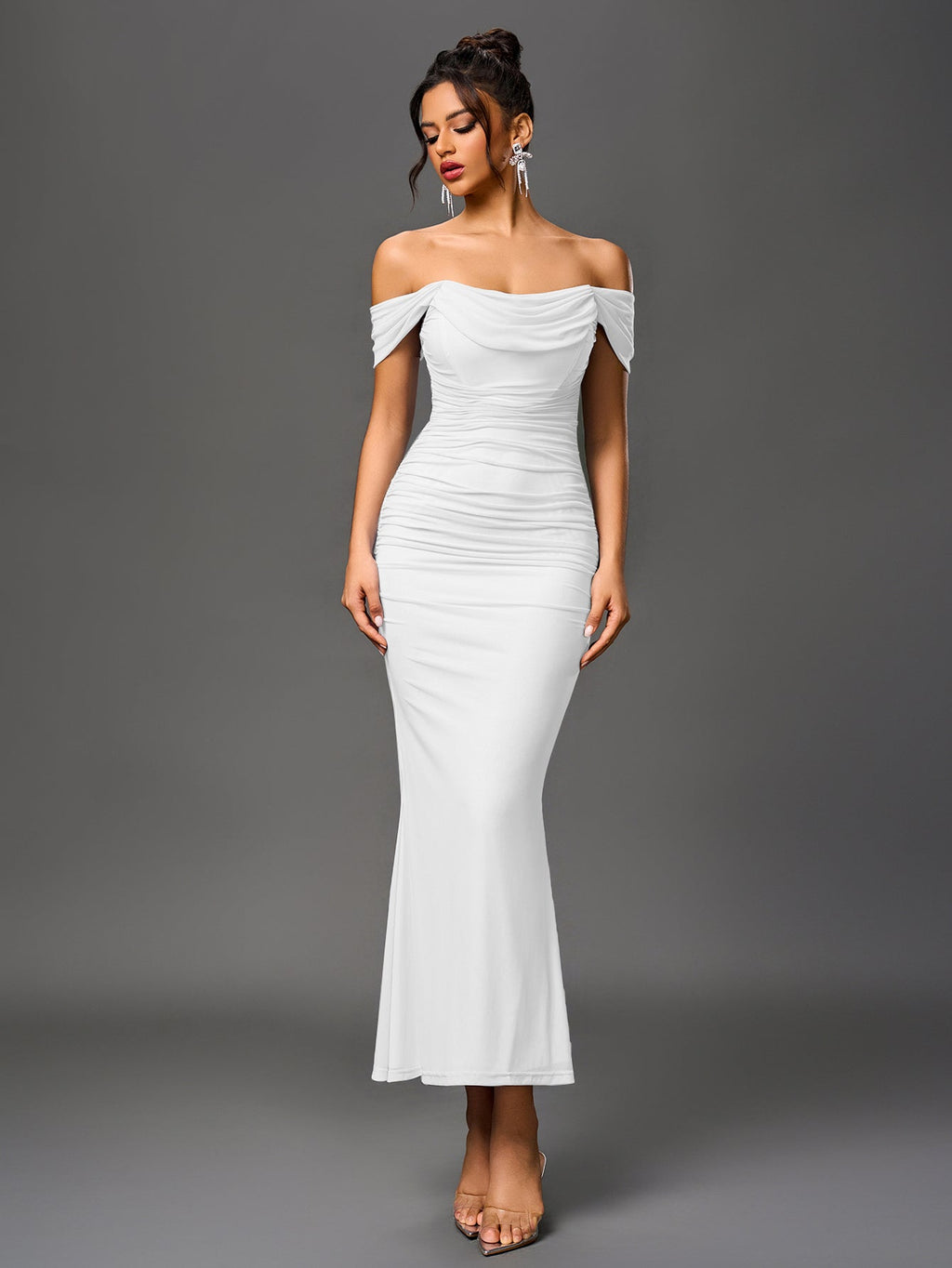 Robe longue moulante à épaules dénudées – Fronces et ourlet sirène | Robe de soirée extensible