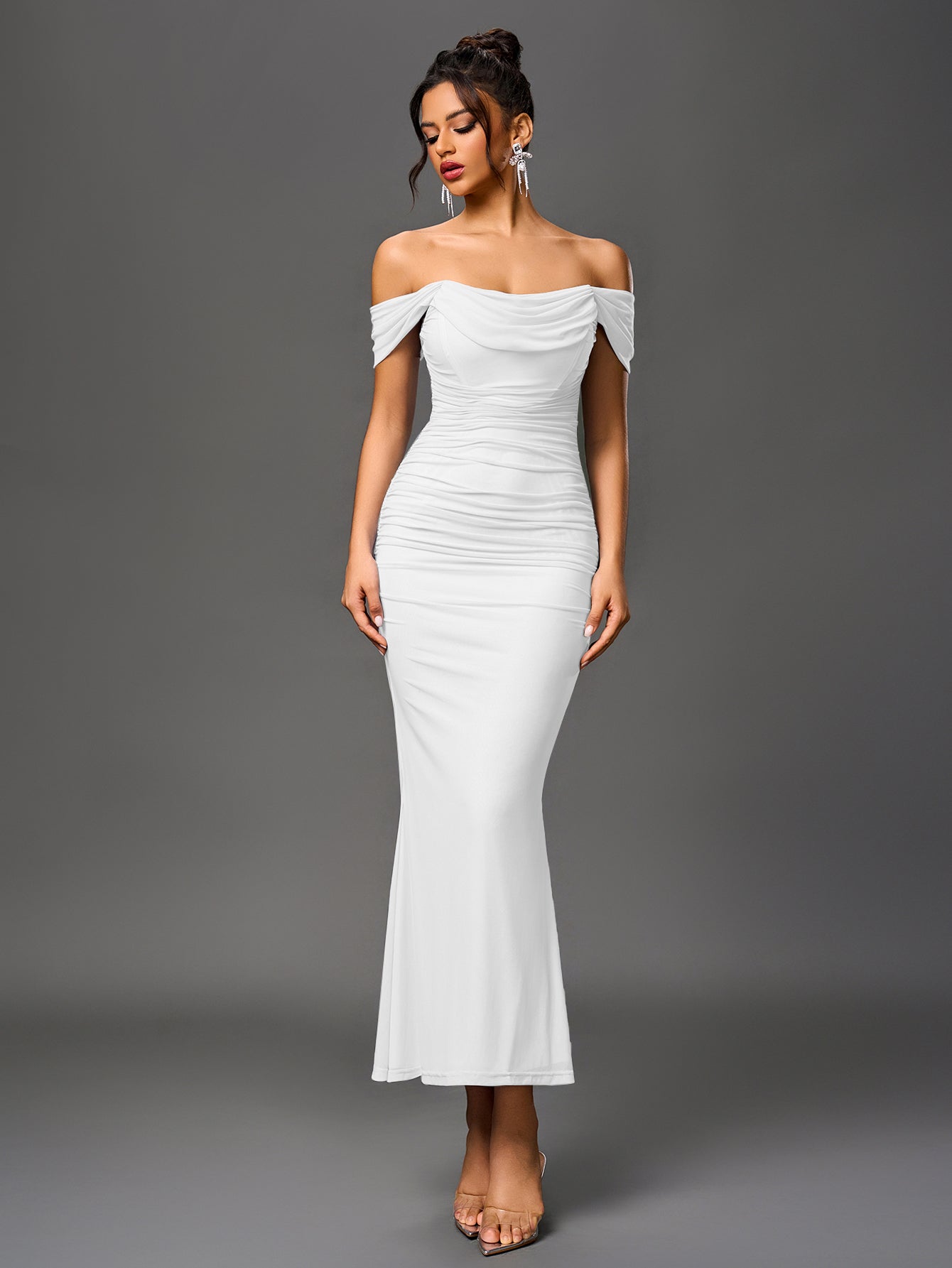 Robe longue moulante à épaules dénudées – Fronces et ourlet sirène | Robe de soirée extensible