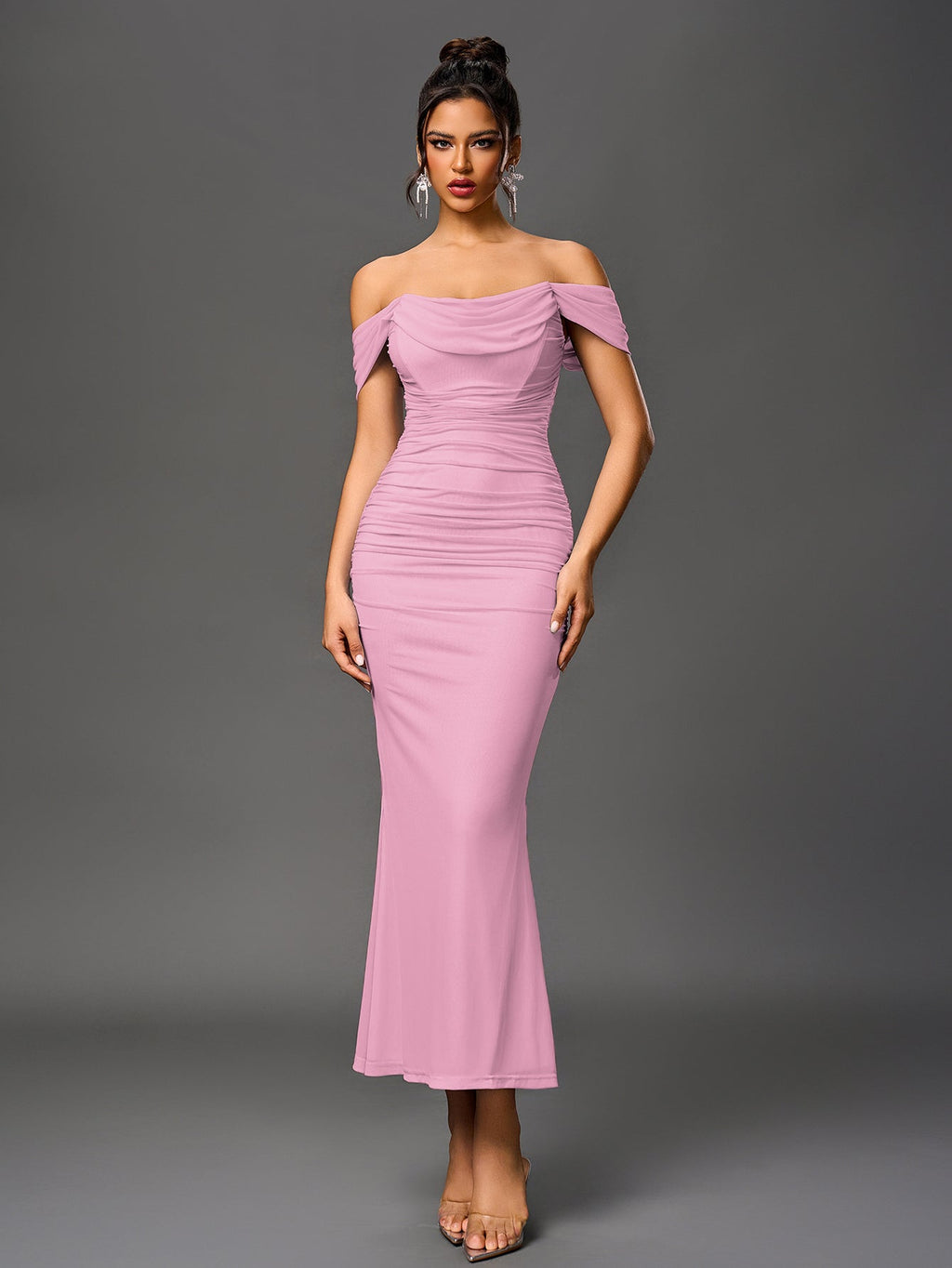 Robe longue moulante à épaules dénudées – Fronces et ourlet sirène | Robe de soirée extensible