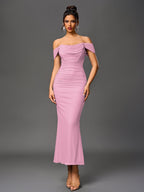 Robe longue moulante à épaules dénudées – Fronces et ourlet sirène | Robe de soirée extensible