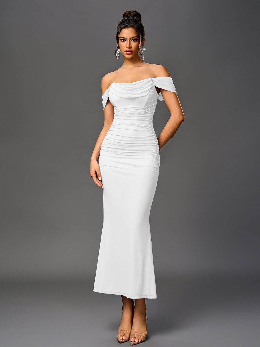 Robe longue moulante à épaules dénudées – Fronces et ourlet sirène | Robe de soirée extensible