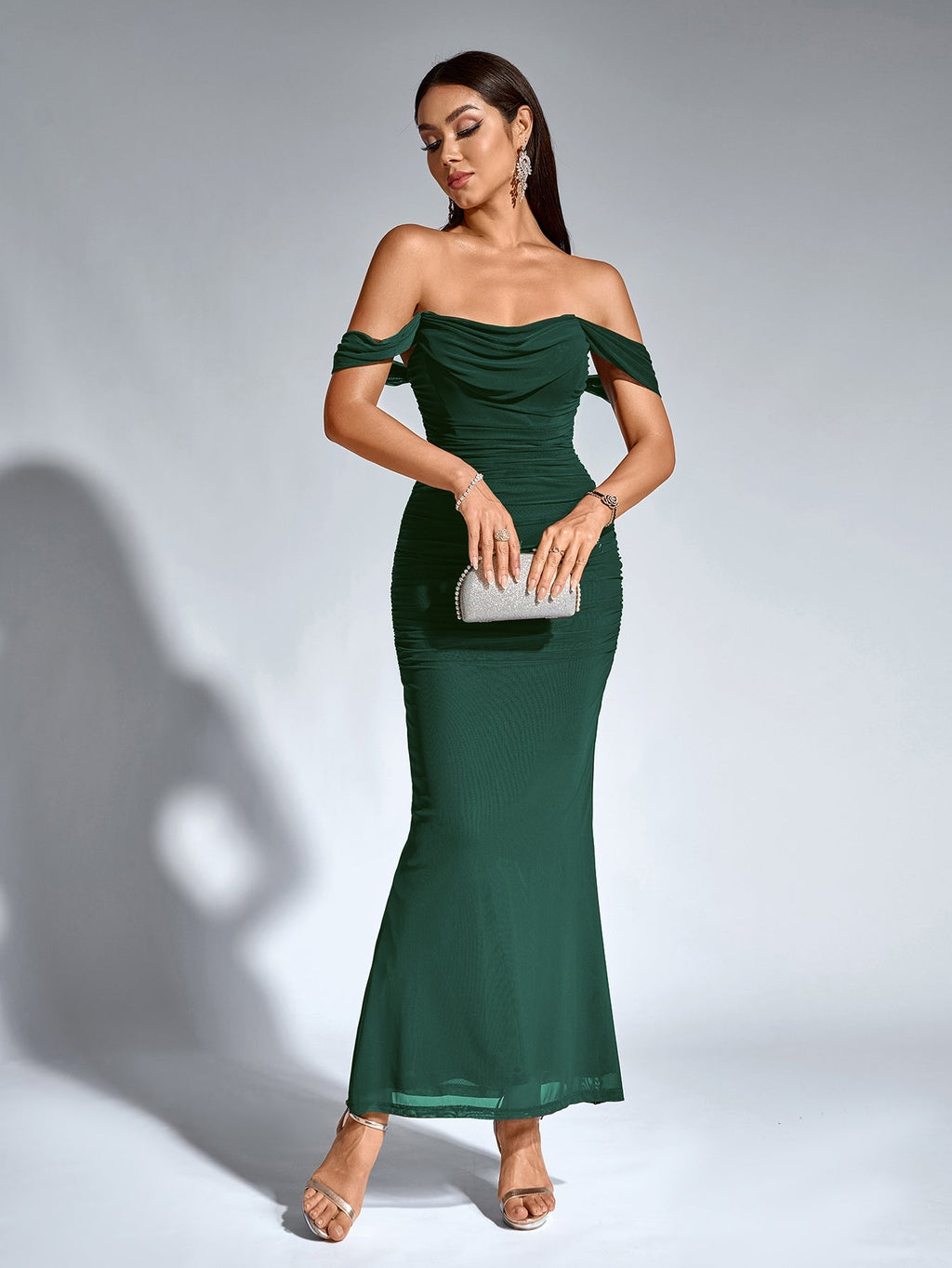 Robe longue moulante à épaules dénudées – Fronces et ourlet sirène | Robe de soirée extensible