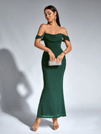 Robe longue moulante à épaules dénudées – Fronces et ourlet sirène | Robe de soirée extensible
