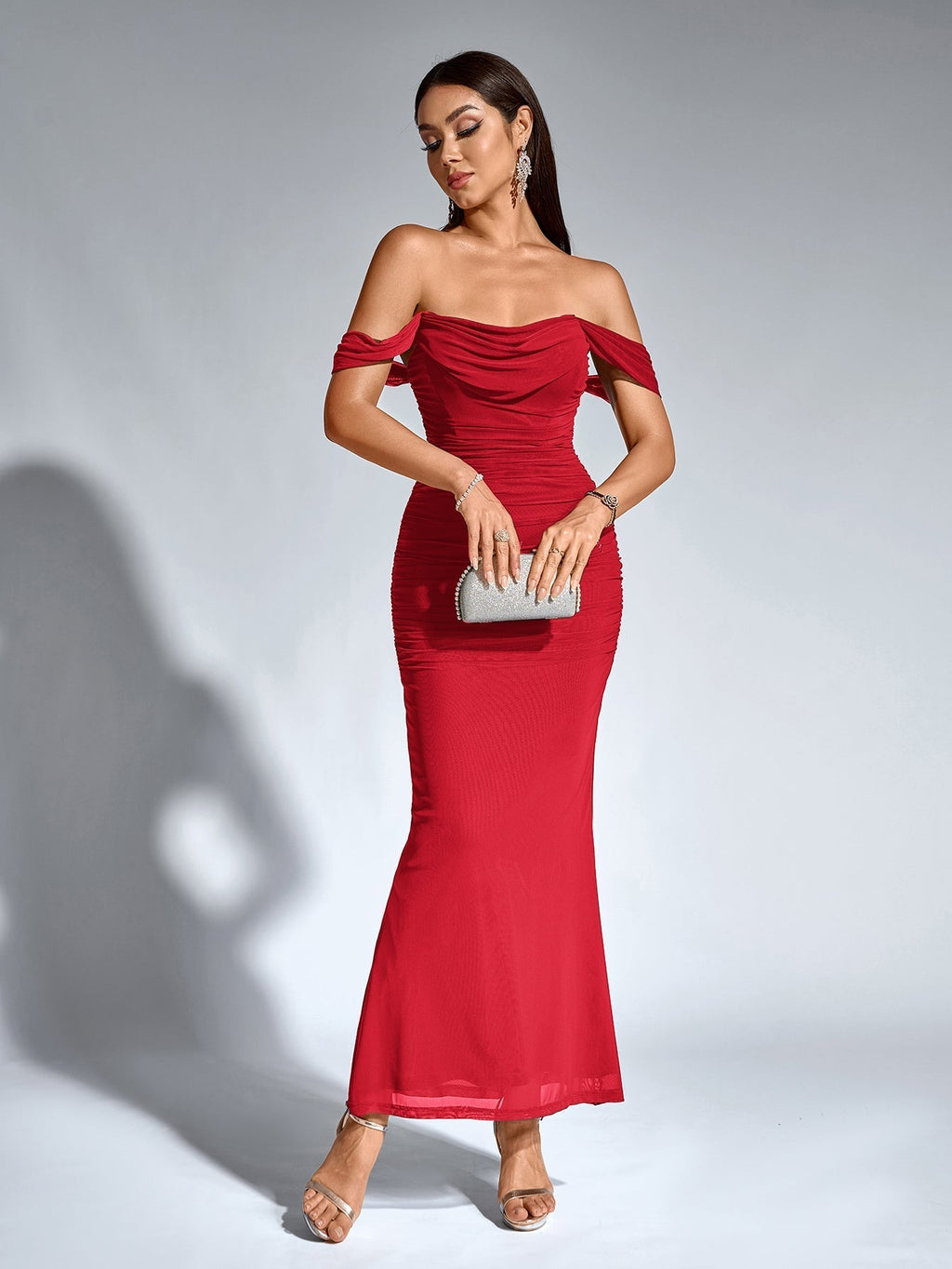 Robe longue moulante à épaules dénudées – Fronces et ourlet sirène | Robe de soirée extensible
