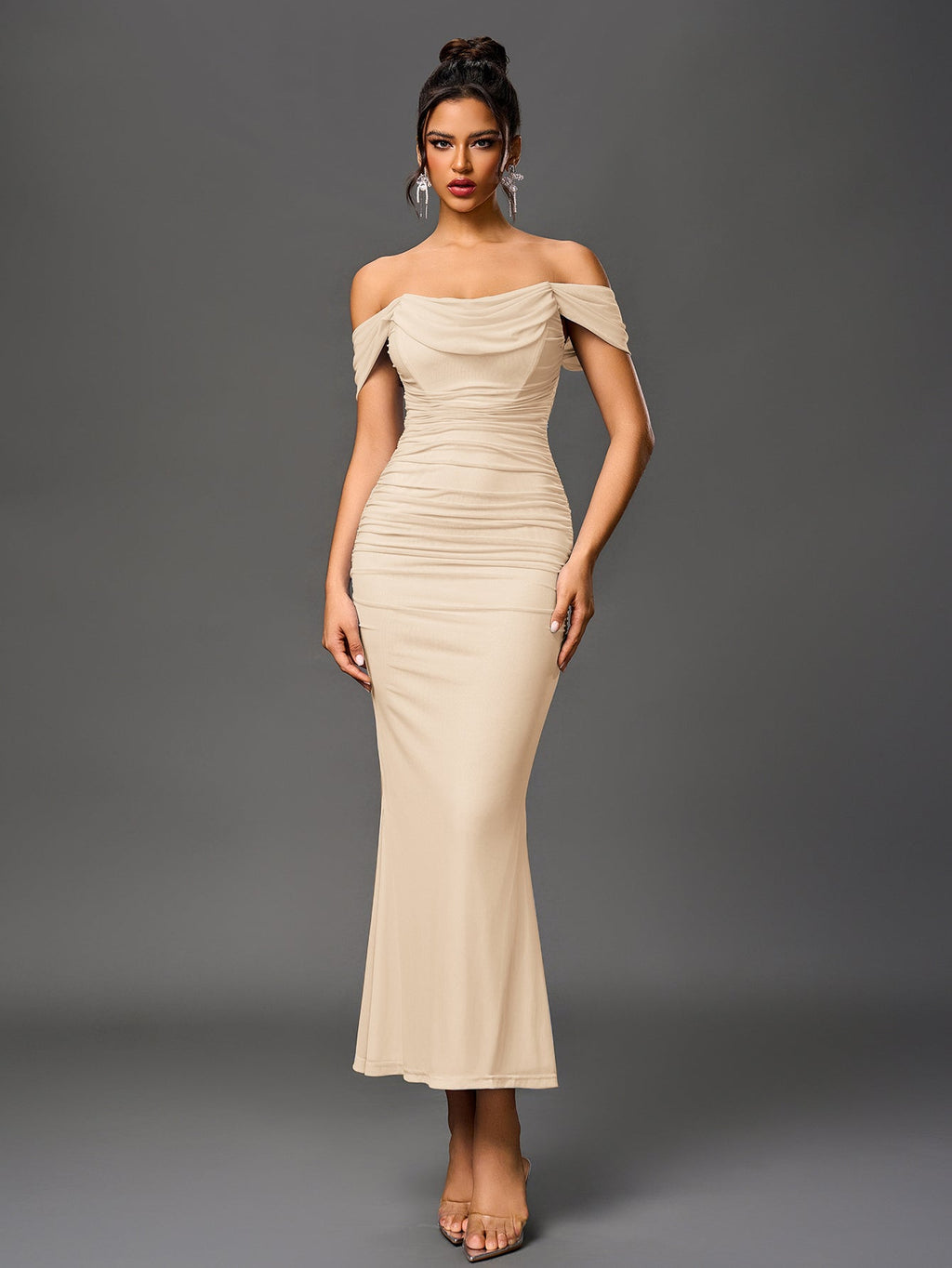 Robe longue moulante à épaules dénudées – Fronces et ourlet sirène | Robe de soirée extensible