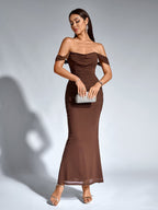 Robe longue moulante à épaules dénudées – Fronces et ourlet sirène | Robe de soirée extensible