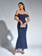 Robe longue moulante à épaules dénudées – Fronces et ourlet sirène | Robe de soirée extensible