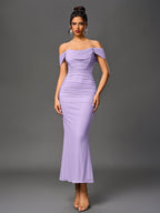 Robe longue moulante à épaules dénudées – Fronces et ourlet sirène | Robe de soirée extensible