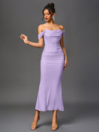 Robe longue moulante à épaules dénudées – Fronces et ourlet sirène | Robe de soirée extensible