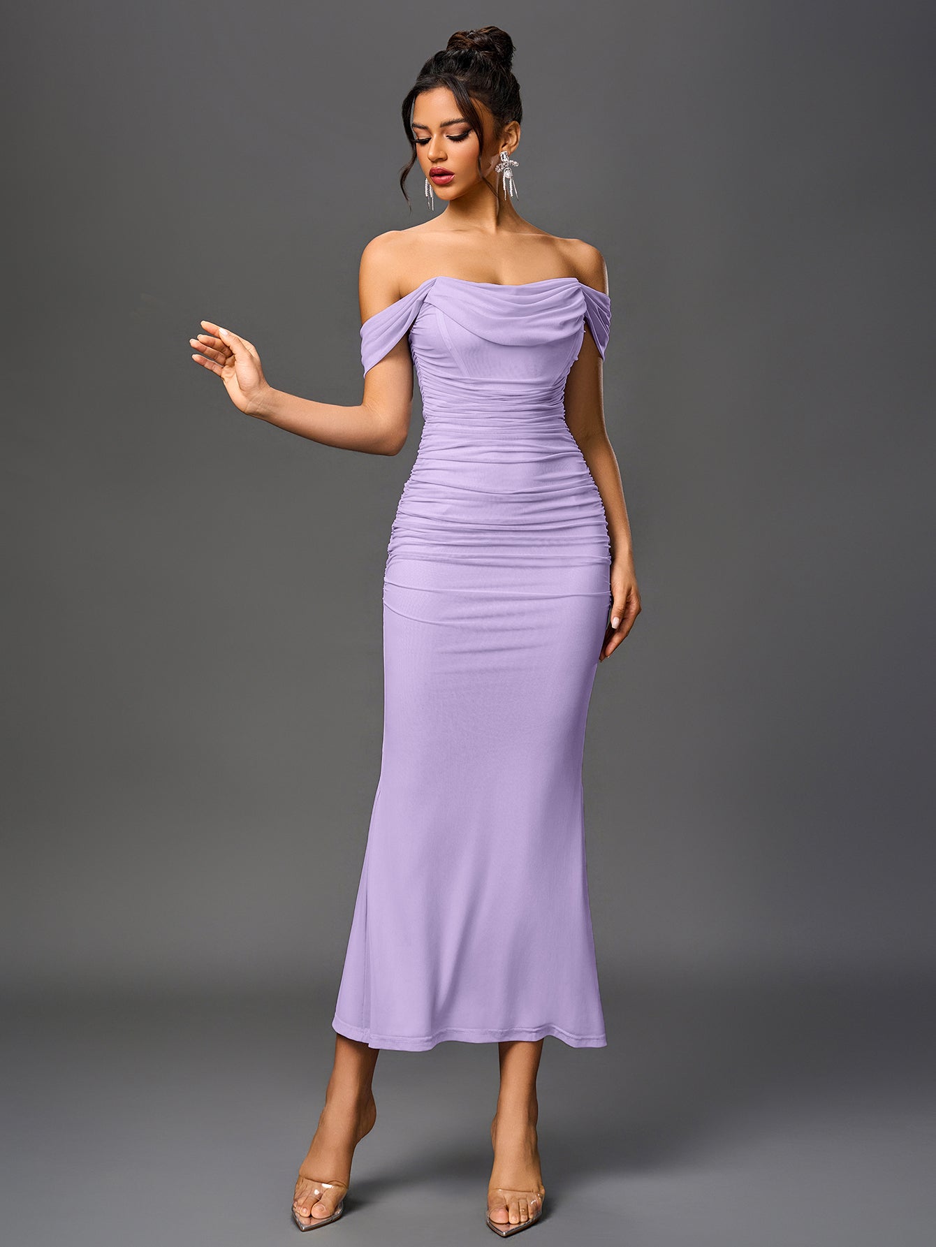 Robe longue moulante à épaules dénudées – Fronces et ourlet sirène | Robe de soirée extensible