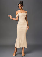Robe longue moulante à épaules dénudées – Fronces et ourlet sirène | Robe de soirée extensible