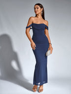 Robe longue moulante à épaules dénudées – Fronces et ourlet sirène | Robe de soirée extensible