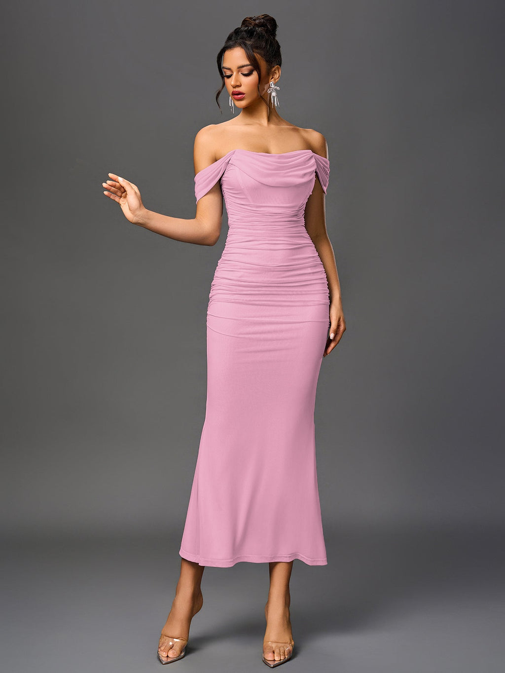 Robe longue moulante à épaules dénudées – Fronces et ourlet sirène | Robe de soirée extensible
