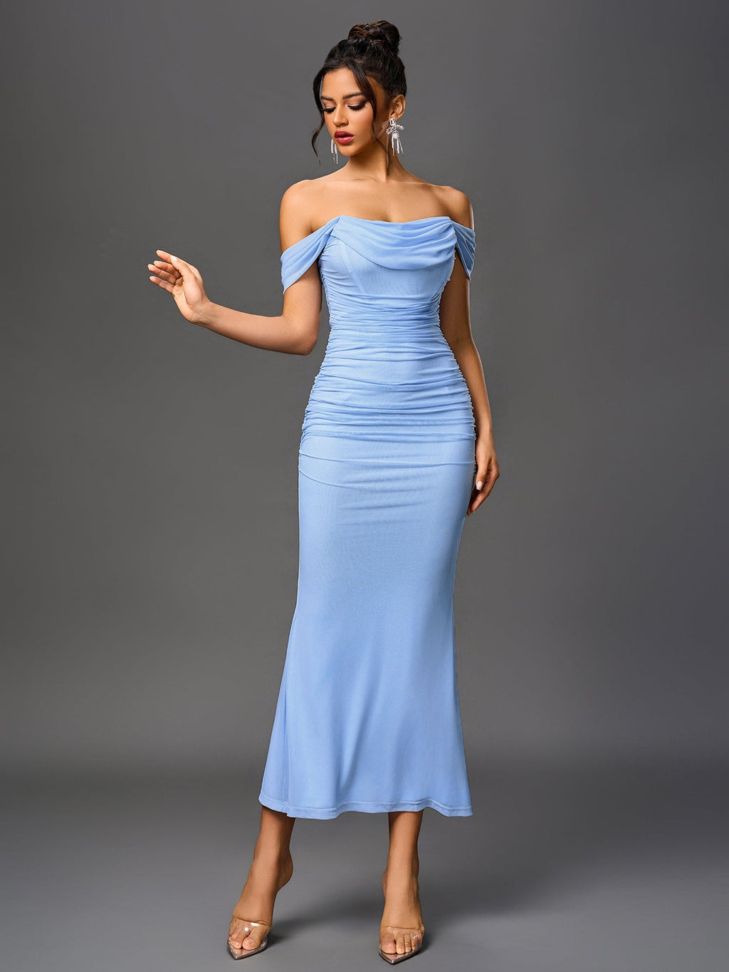 Robe longue moulante à épaules dénudées – Fronces et ourlet sirène | Robe de soirée extensible
