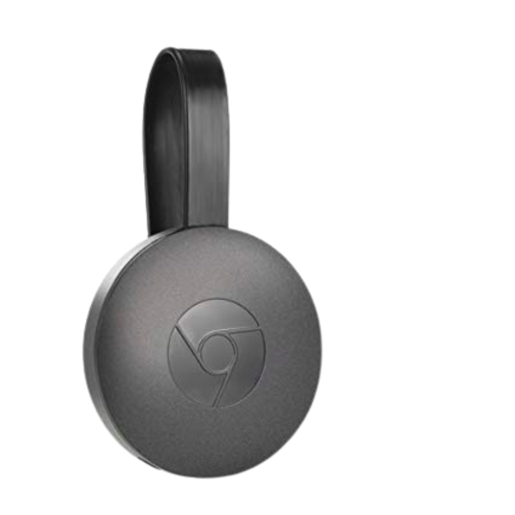 Appareil de streaming Chromecast noir, design circulaire, logo central, compatible HDMI, pour diffusion multimédia sur TV.