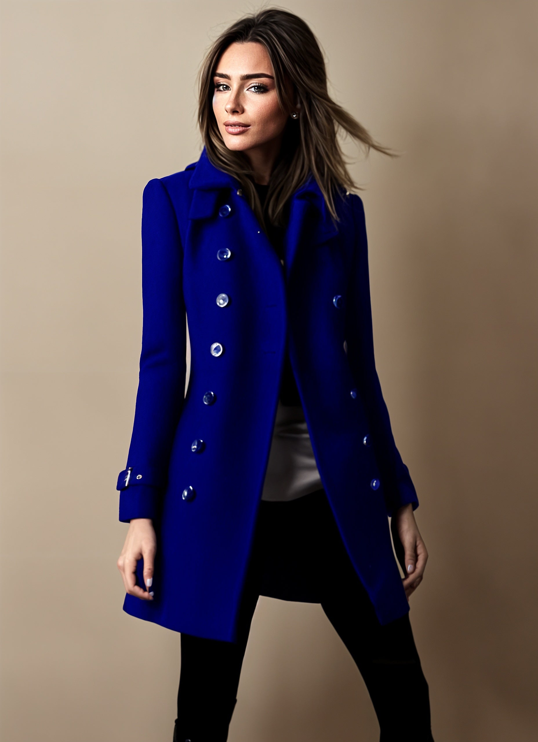 Femme portant un manteau bleu élégant, double boutonnage, sur fond beige. Mode automne-hiver, style chic et moderne.