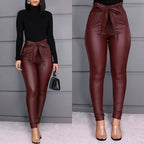 Pantalon slim taille haute ceinture à nœud simili cuir