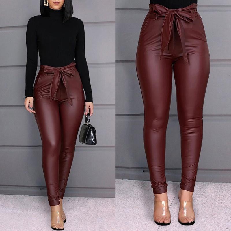 Pantalon slim taille haute ceinture à nœud simili cuir