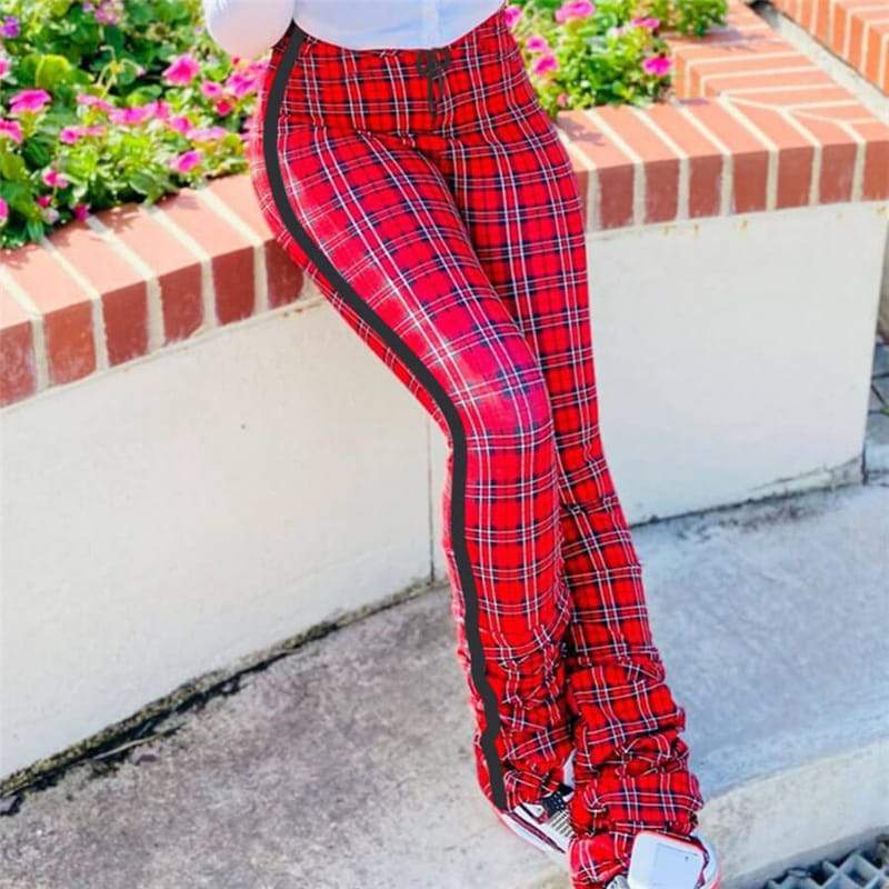 Pantalon taille haute imprimée carreau