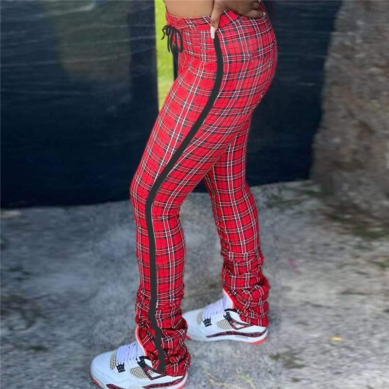 Pantalon taille haute imprimée carreau