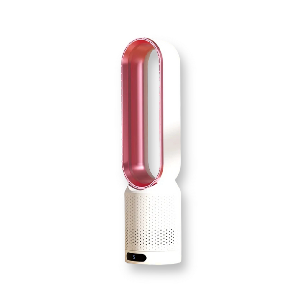Ventilateur sans pales blanc et rose, design moderne, technologie de purification d'air, idéal pour maison, bureau, confort et efficacité énergétique.