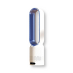 Purificateur d'air moderne sans pales, design blanc et bleu, technologie avancée, idéal pour améliorer la qualité de l'air intérieur.