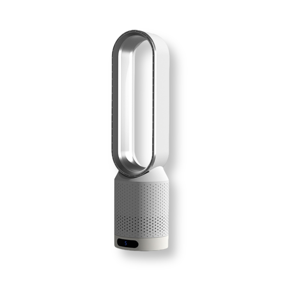 Ventilateur sans pales Dyson blanc, design moderne, technologie avancée, purificateur d'air intégré, affichage numérique, intérieur élégant.
