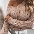 Pull perlé col V chic décontractée