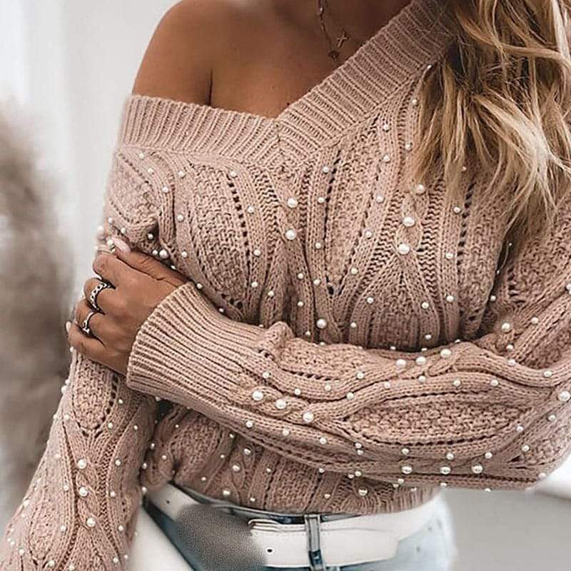 Pull perlé col V chic décontractée