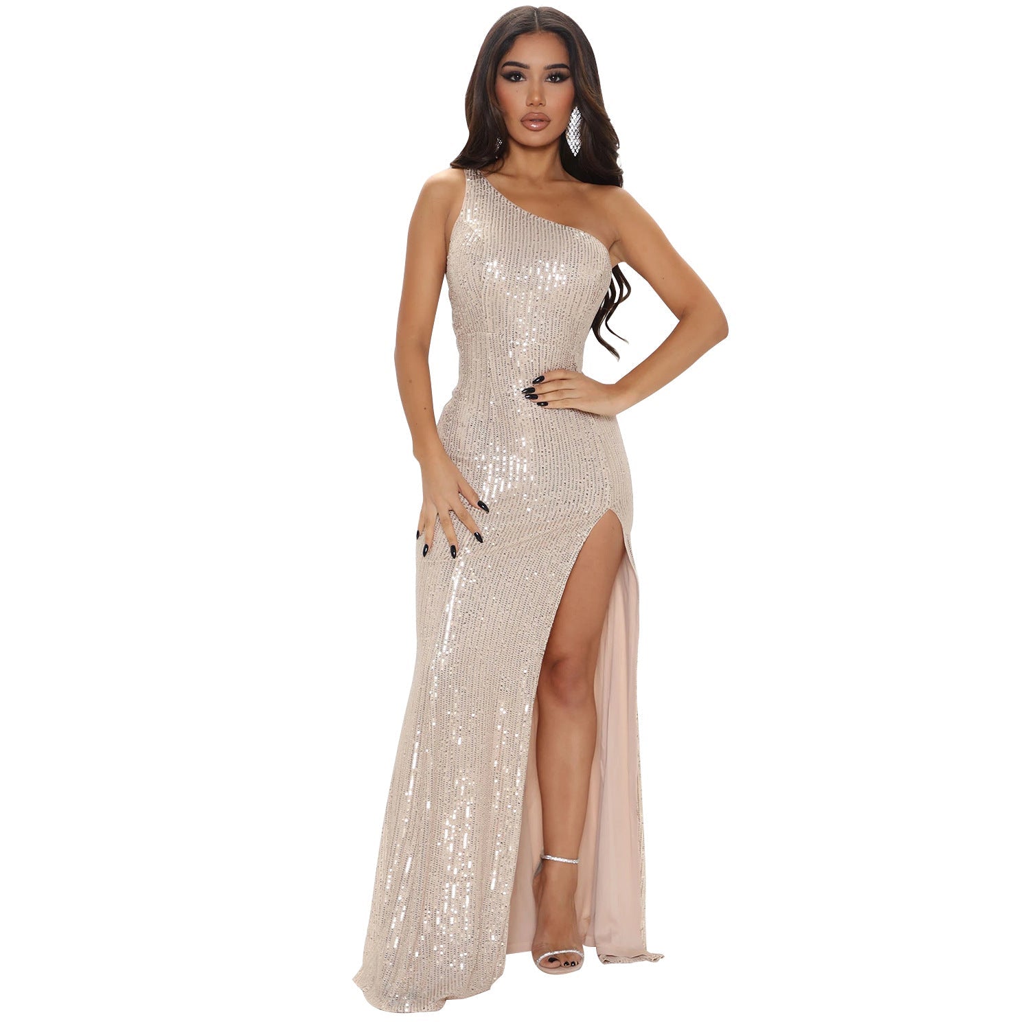 Robe longue fente latérale à paillette une épaule sexy - Chic&Shines