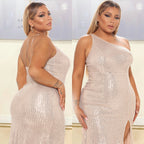 Robe longue fente latérale à paillette une épaule sexy