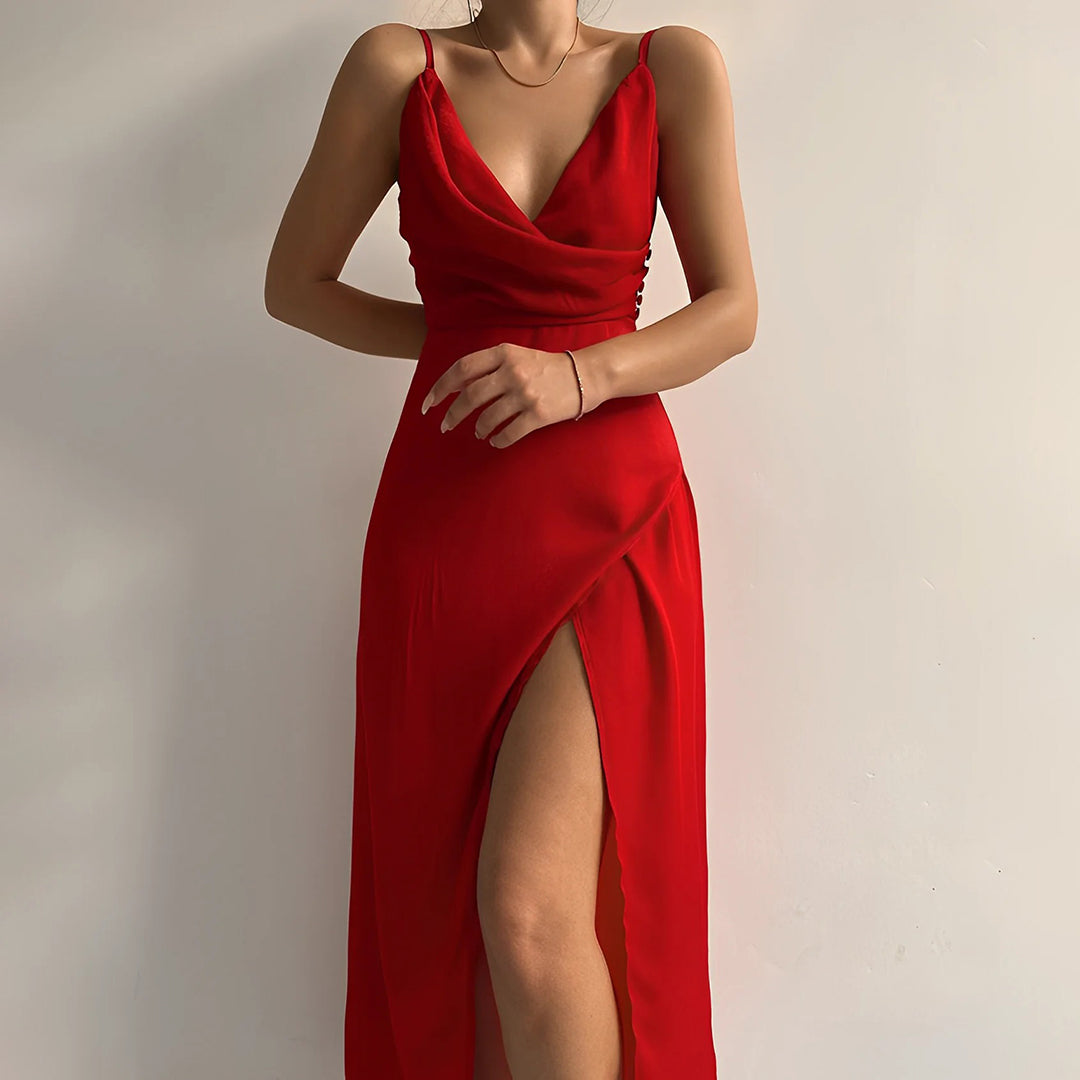 Lange Chiffon & Satijnen Jurk met Pailletten en Elegante V-Hals