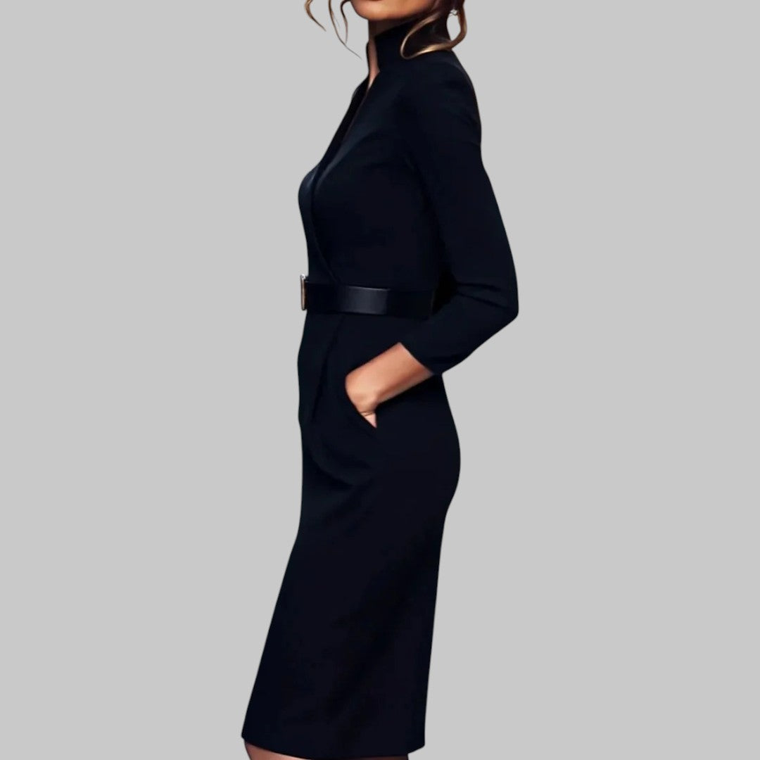 Robe midi pour femme, manches longues et ceinture à la taille