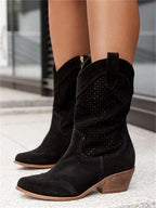 Bottes western noires en daim pour femme, talon bas, design perforé, style cowboy, mode automne, tendance chaussures 2023.